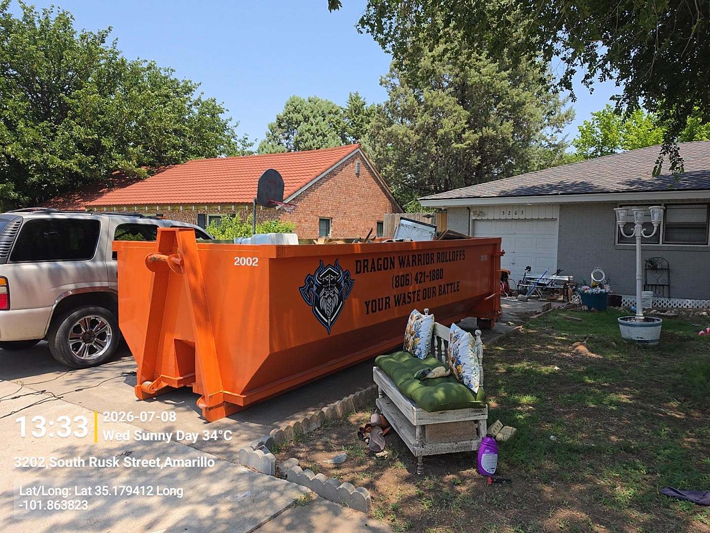 Roll off dumpster placed on a driveway in Randall County TX
