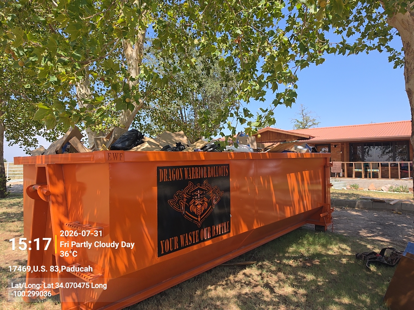 Dumpster loaded during a house cleanout in Deaf Smith County TX